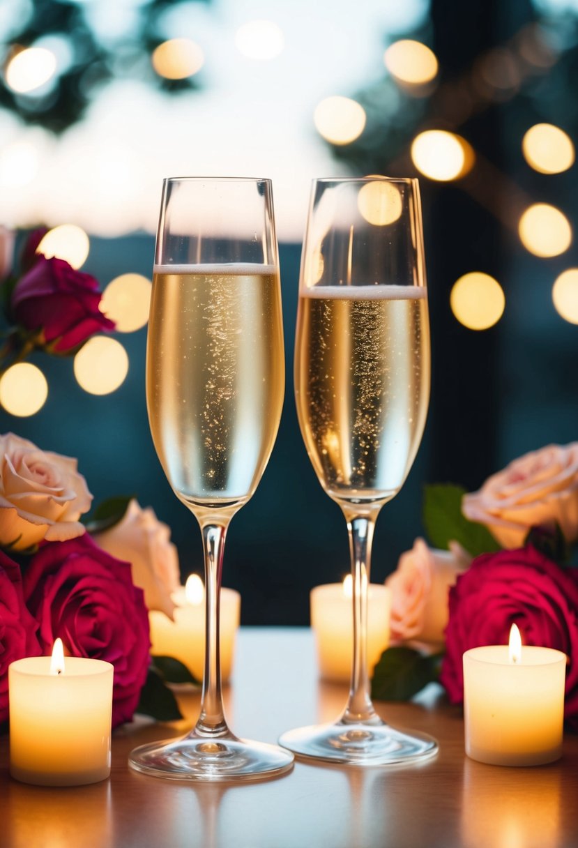 Two champagne glasses clink together in celebration, surrounded by blooming roses and twinkling candles