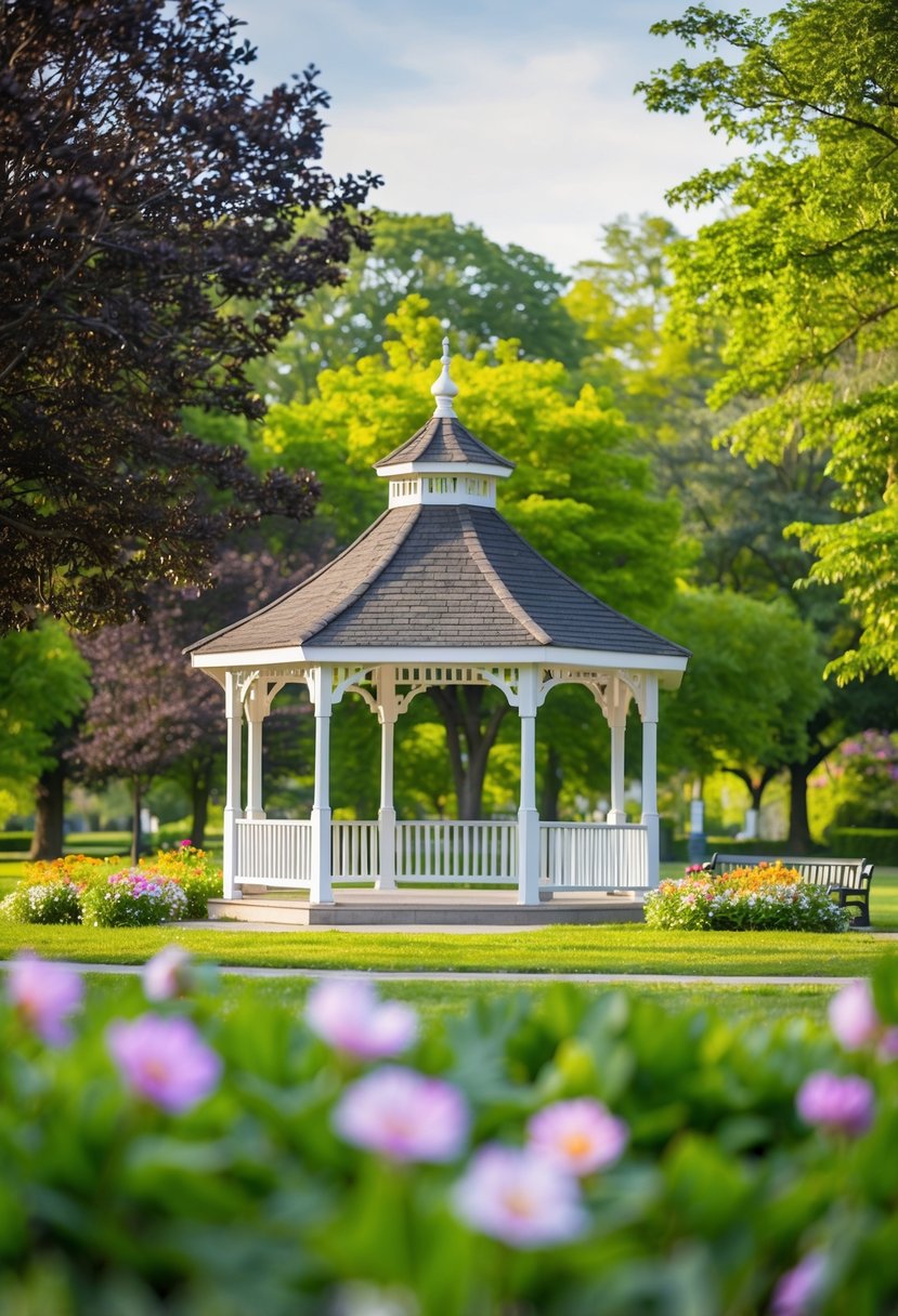 A serene local park with a charming gazebo surrounded by blooming flowers and lush greenery