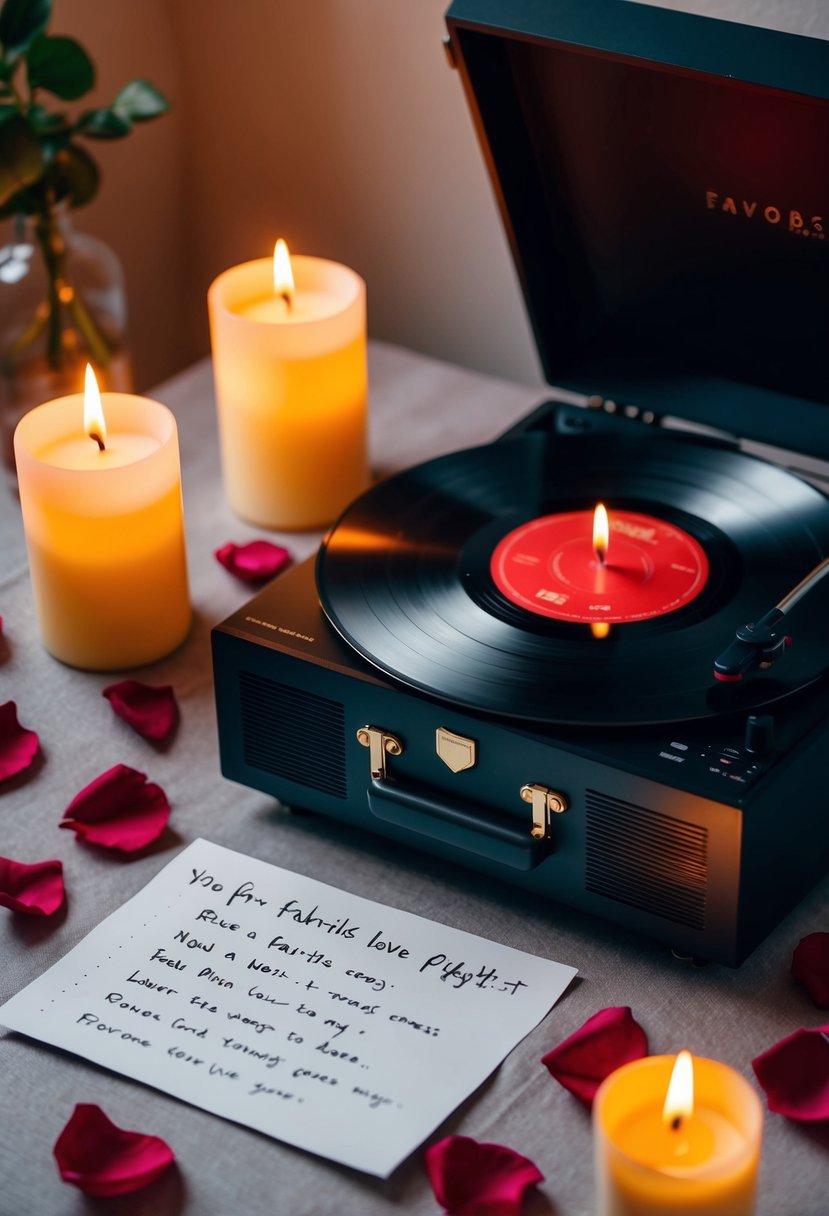 A candlelit room with a record player, scattered rose petals, and a handwritten playlist of favorite love songs