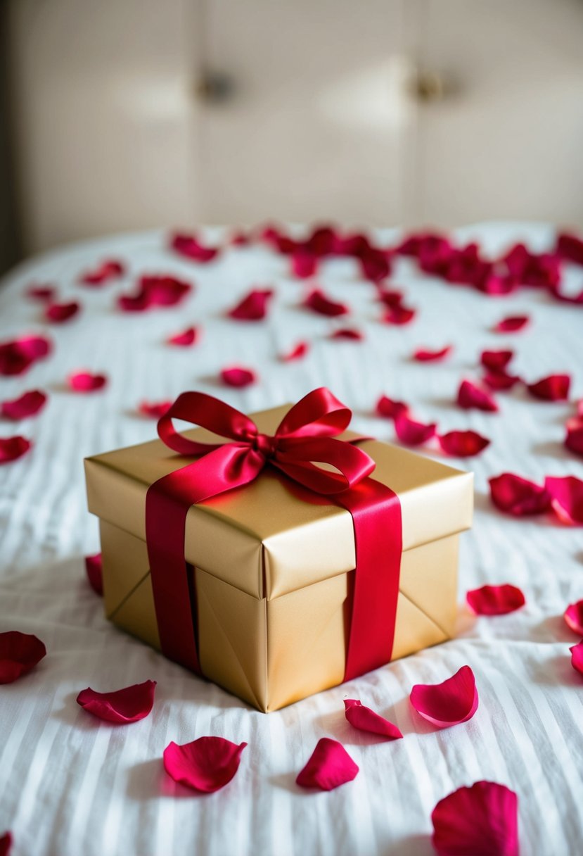 A beautifully wrapped gift box placed on a bed with rose petals scattered around it