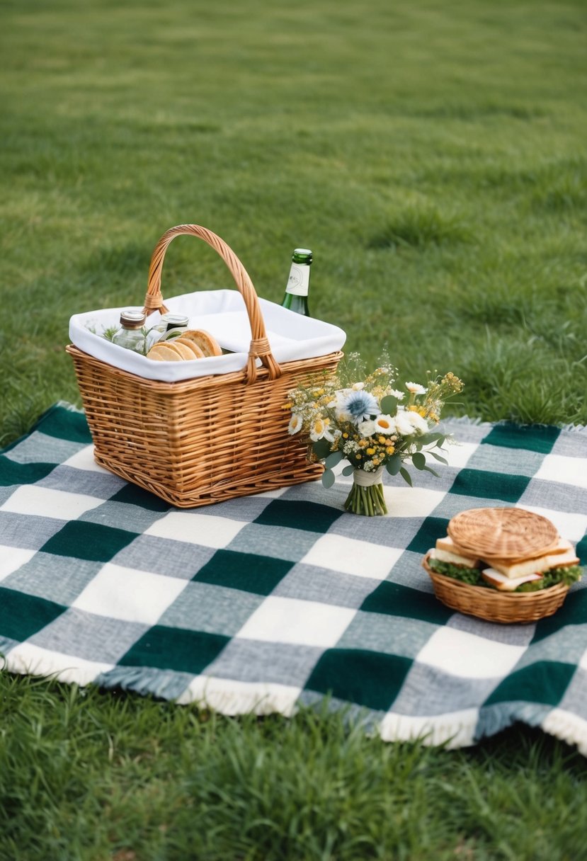 A cozy picnic wedding with a checkered blanket spread out on green grass. A wicker basket filled with sandwiches and drinks sits next to a small bouquet of wildflowers