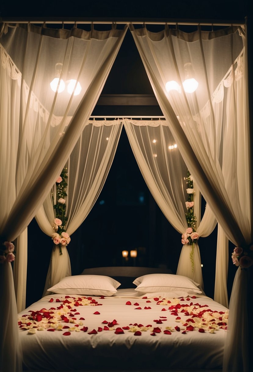 A dimly lit bedroom with a canopy bed adorned with rose petals and soft, romantic lighting creating an intimate and private atmosphere for a wedding night