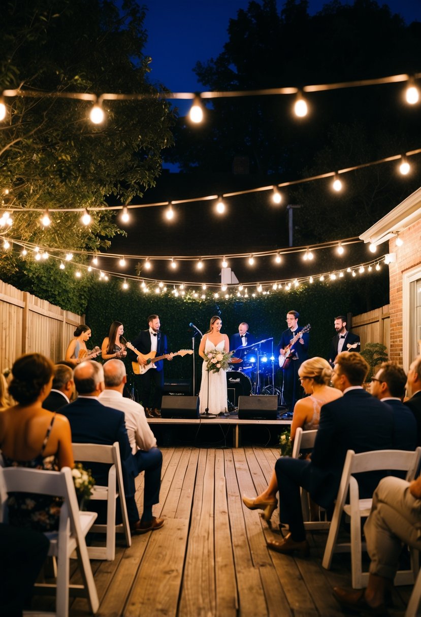 A cozy backyard with twinkling lights and a small stage hosting a live band performing for an intimate wedding audience