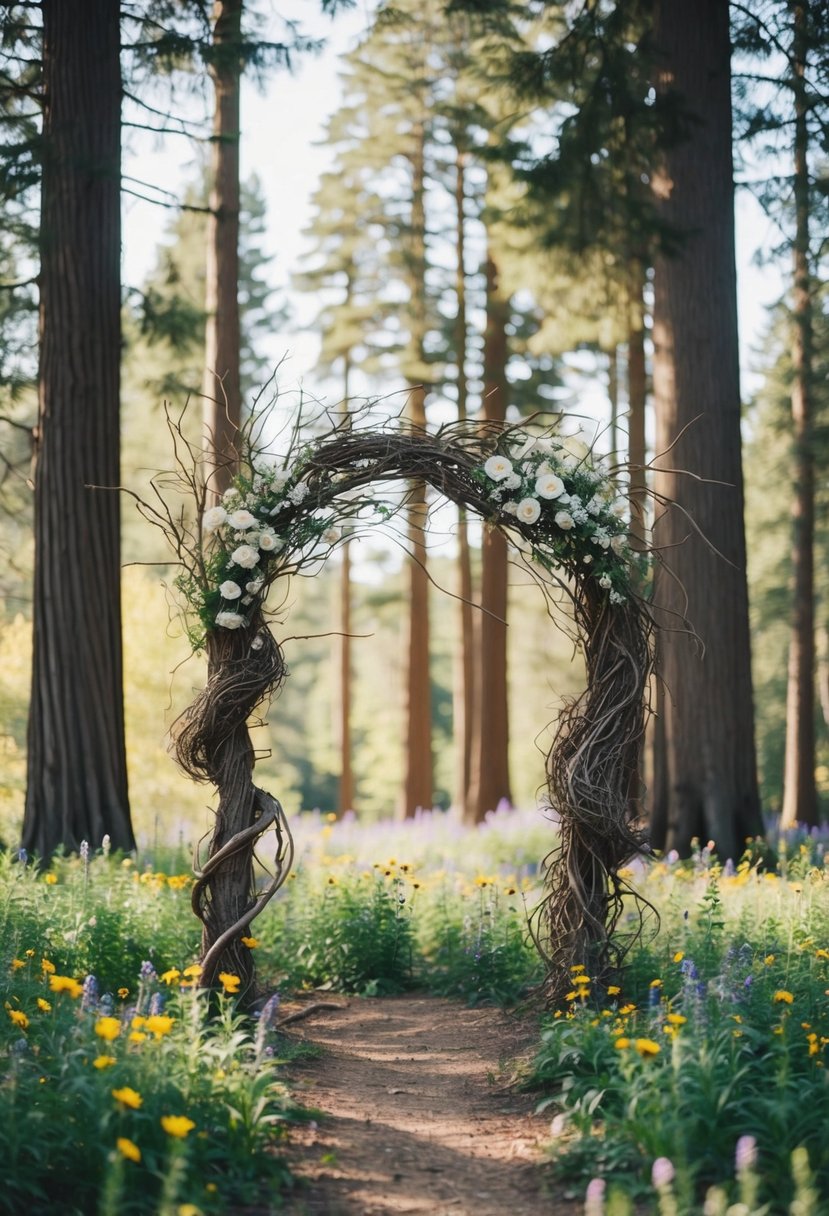 A serene forest clearing with a natural altar of intertwined branches and wildflowers, surrounded by towering trees and dappled sunlight