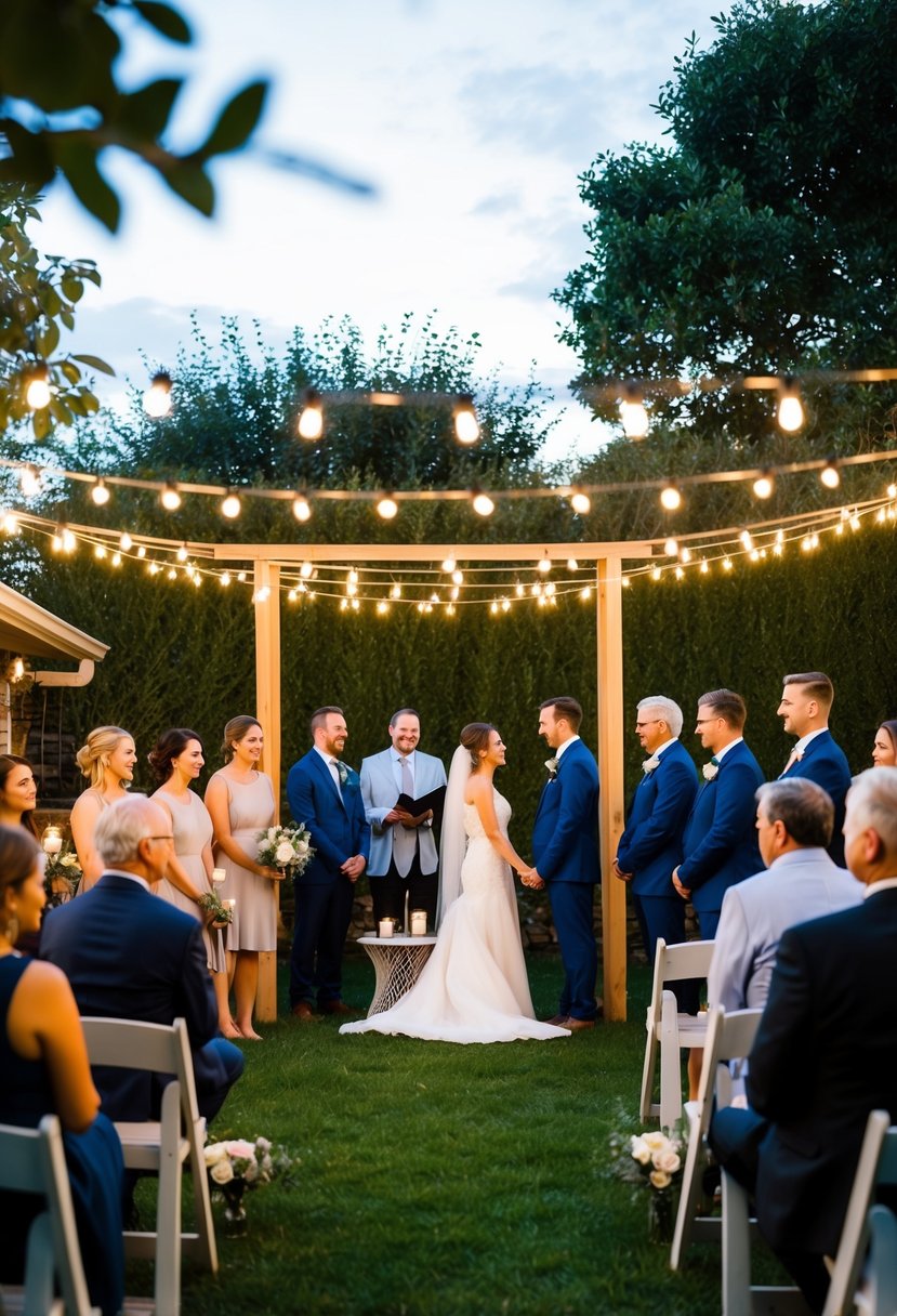 A cozy backyard wedding with a simple arch, string lights, and a small table for the ceremony. Close friends and family gather in a warm, intimate setting