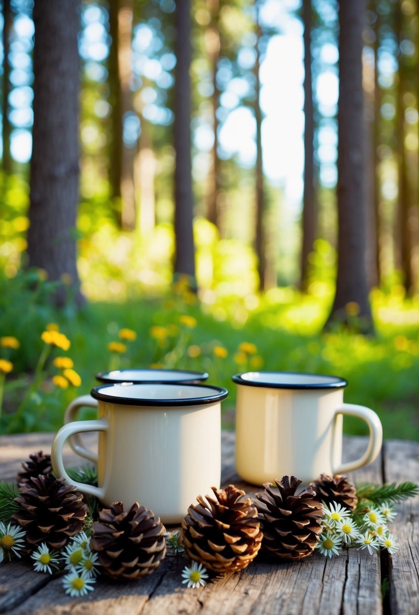 Enamel mugs nestled among pinecones and wildflowers on a rustic wooden table. Sunlight filtering through the trees in a serene woodland setting