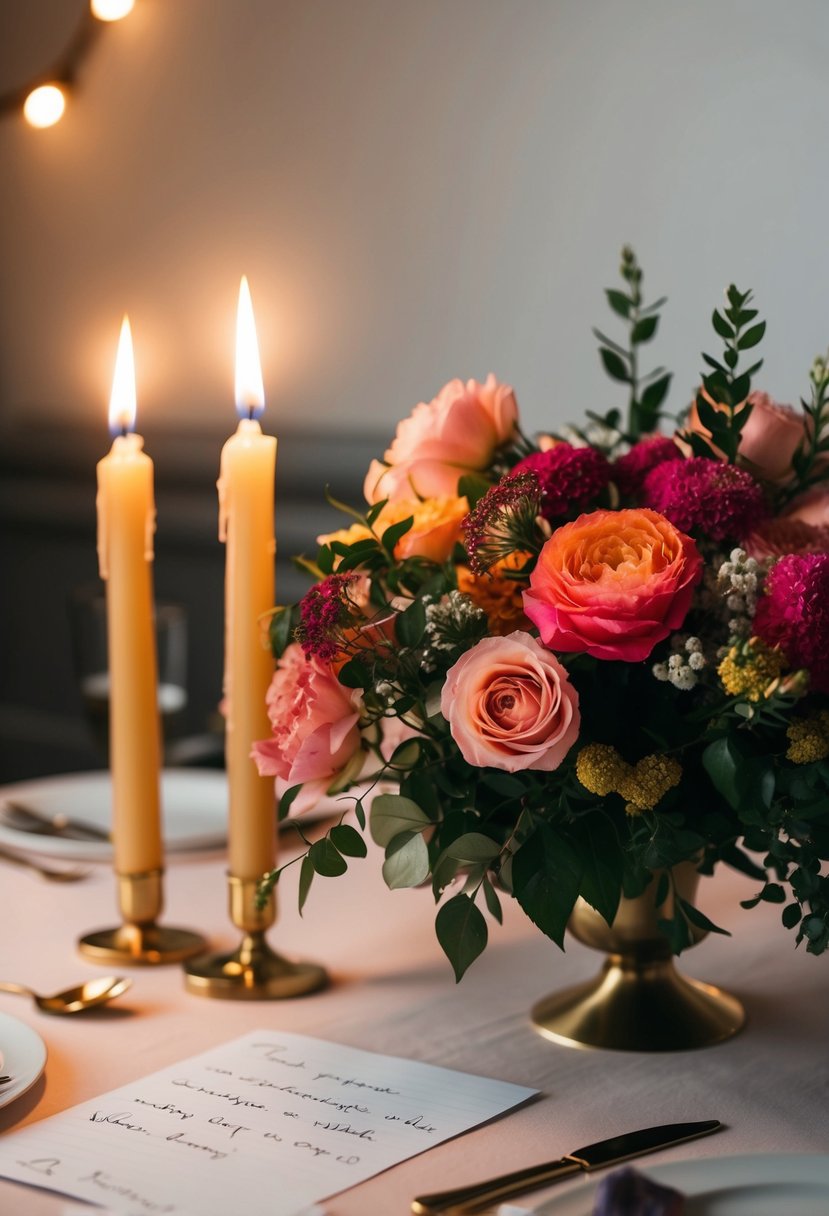 A candlelit table set with a bouquet of flowers and a handwritten love note