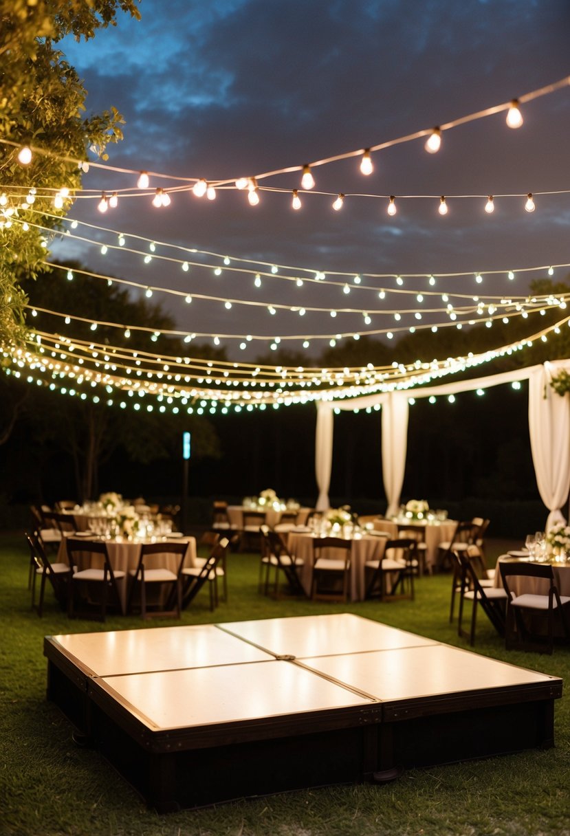 A portable dance floor is set up under twinkling string lights in an open-air reception area, surrounded by intimate seating arrangements