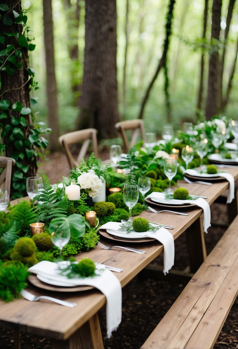 Lush greenery adorns rustic wooden tables at a woodland wedding, with moss, ferns, and ivy creating a natural and enchanting atmosphere