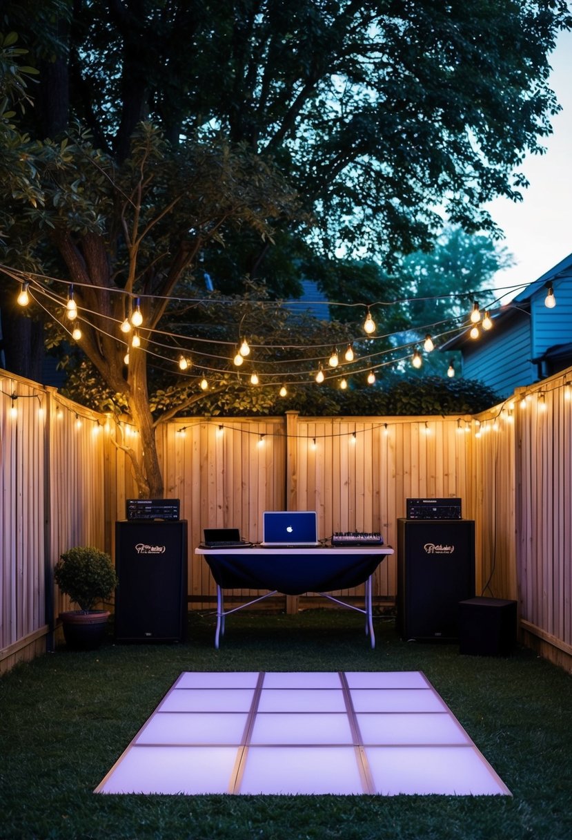 A cozy backyard with string lights, a makeshift dance floor, and a table with a laptop or DJ equipment