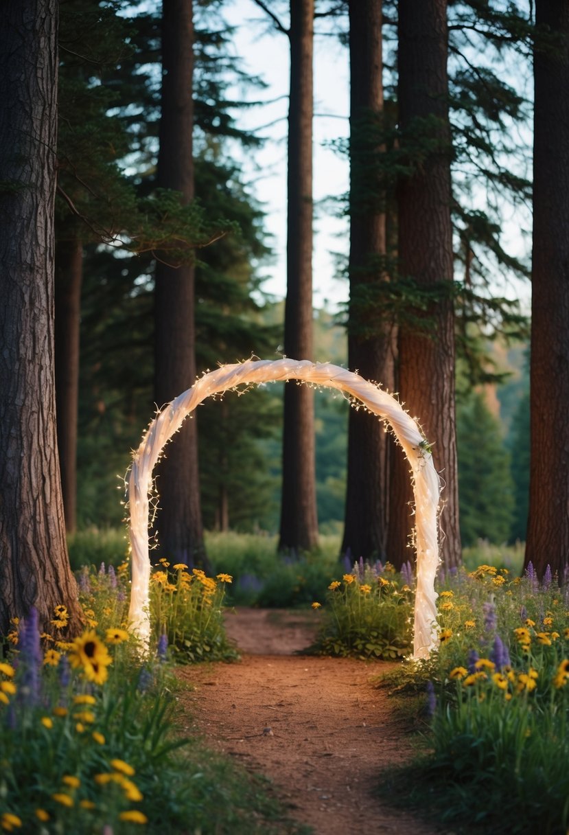 A charming woodland clearing adorned with a whimsical arch and twinkling fairy lights, surrounded by towering trees and vibrant wildflowers