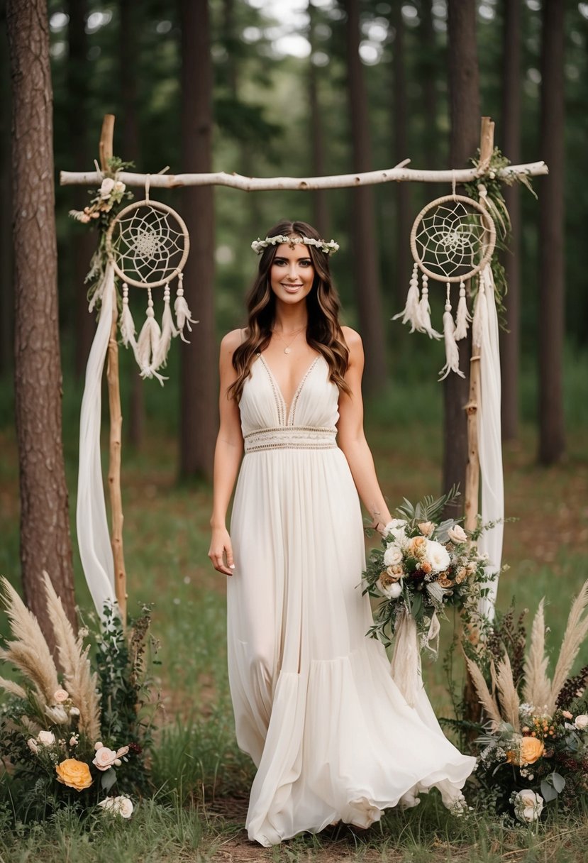 A boho-style wedding in a woodland setting, with flowing dresses, flower crowns, and natural decor like dream catchers and wildflowers