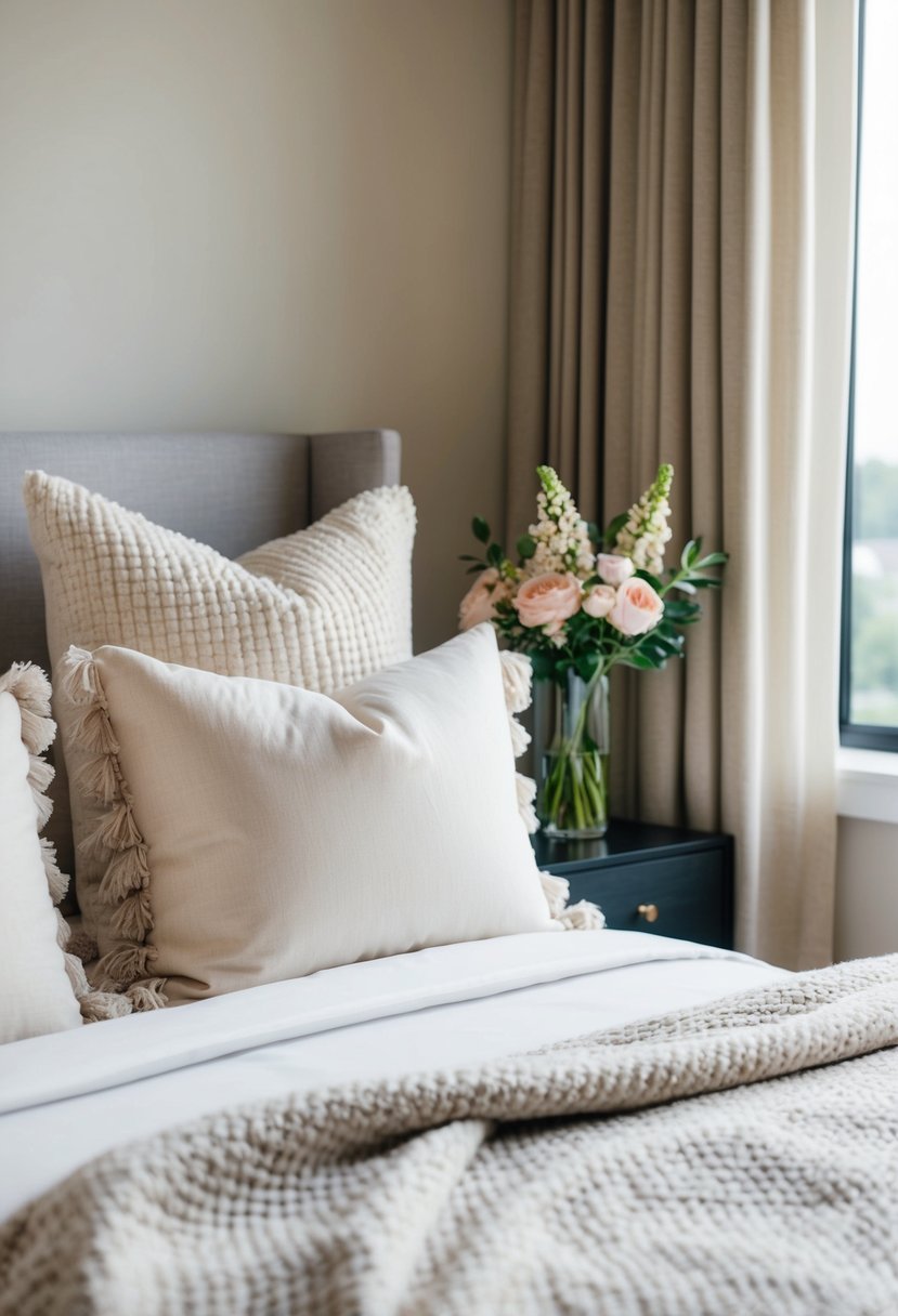 A neatly made bed with soft, fluffy pillows and a cozy throw blanket. A vase of fresh flowers sits on the bedside table