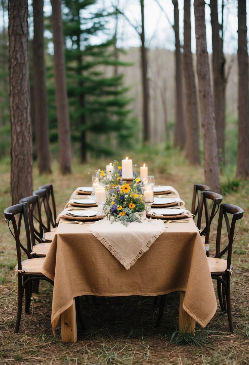 A burlap-covered table adorned with wildflowers, candles, and wooden accents set in a woodland clearing