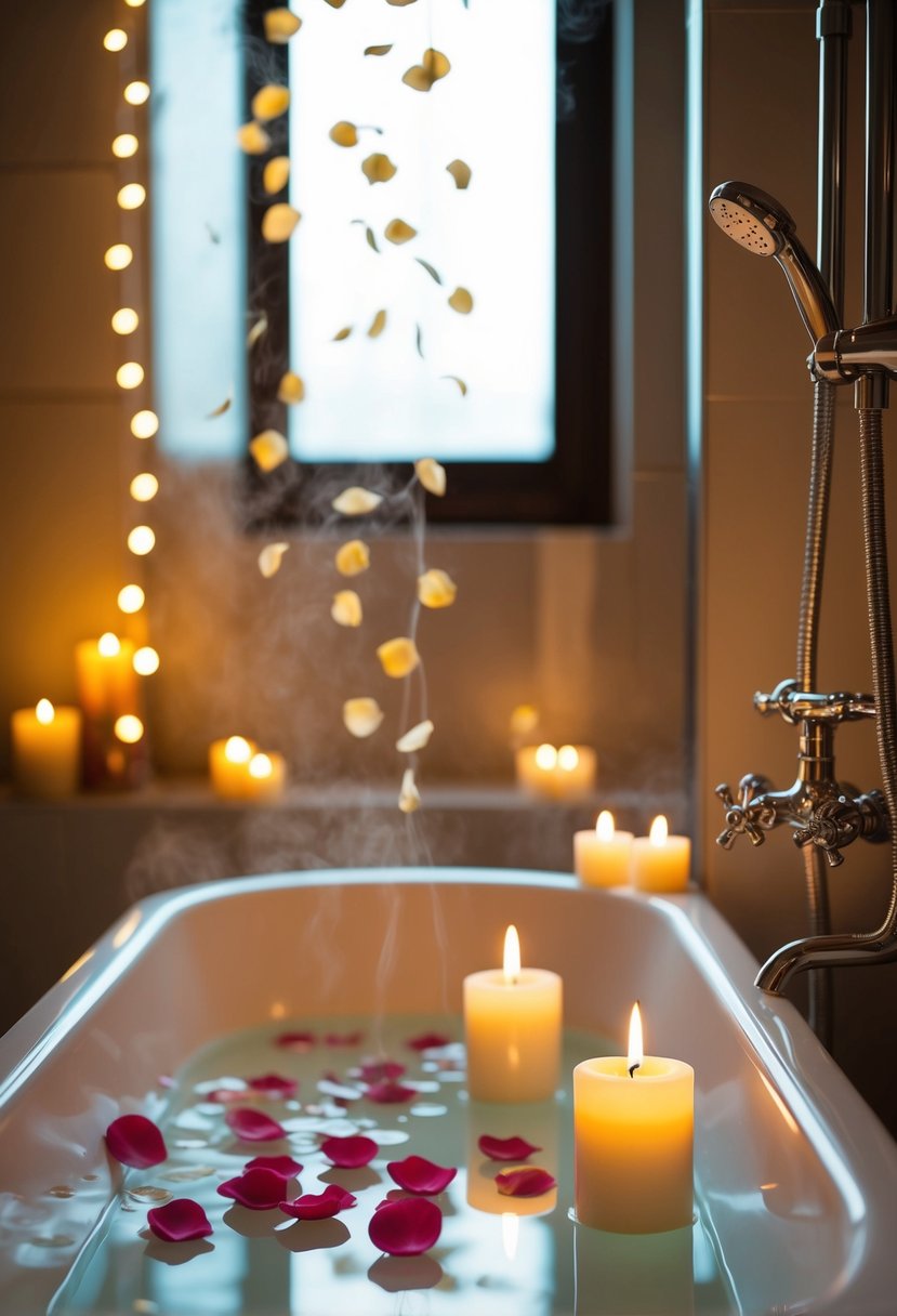 A serene bath with candles and rose petals, or a steamy shower with soft lighting and gentle caresses