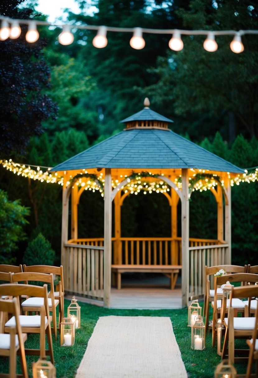 A cozy outdoor garden setting with fairy lights, a small gazebo, and intimate seating for a small wedding ceremony