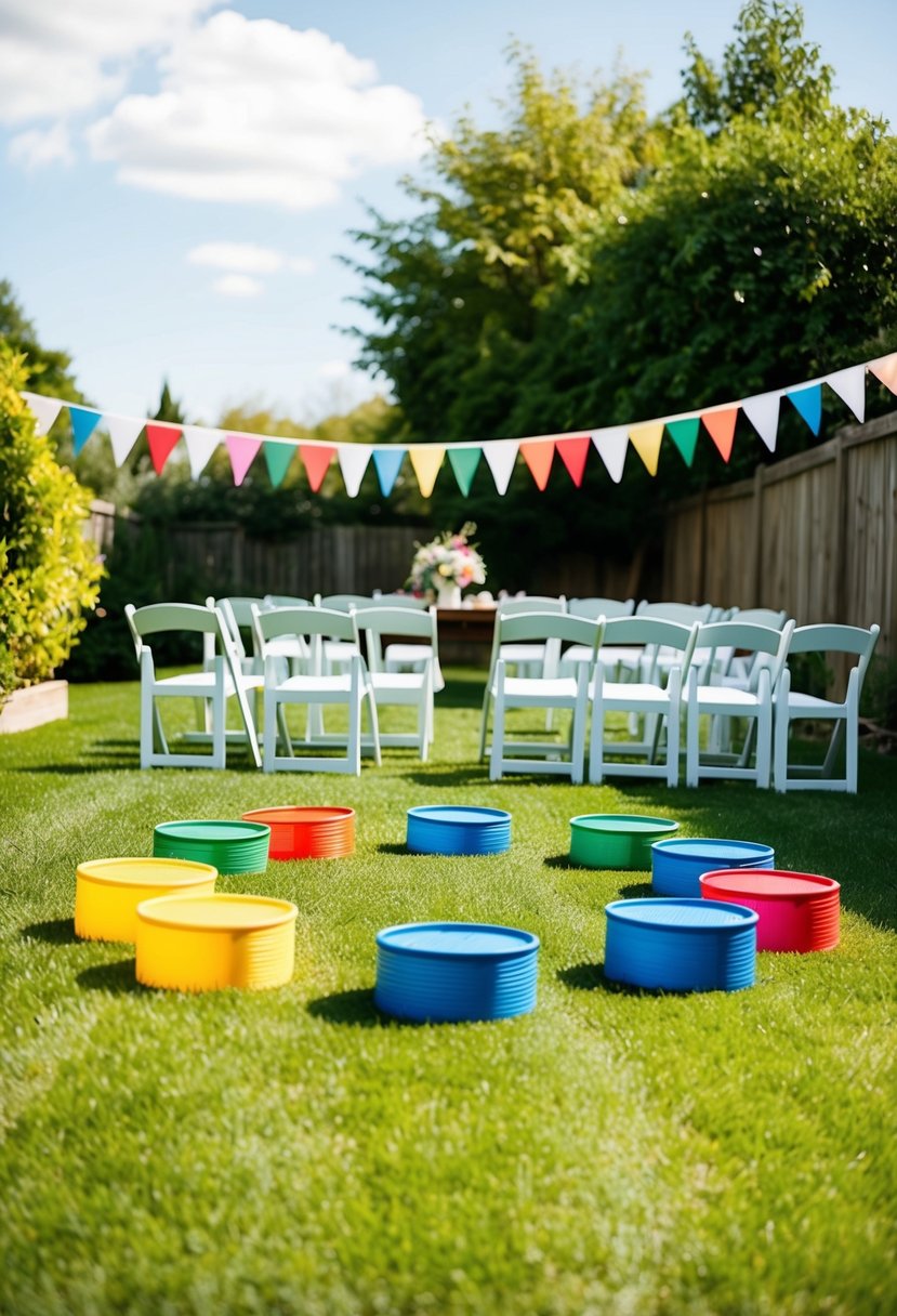 A sunny backyard with colorful lawn games set up on freshly cut grass, surrounded by white chairs for a small wedding celebration