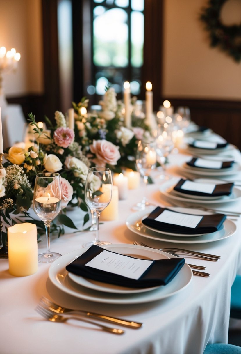 A beautifully set table with elegant place settings, floral centerpieces, and soft candlelight creates a romantic atmosphere for a wedding dinner