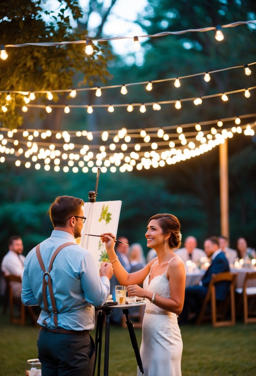 A cozy outdoor wedding reception with a live painter capturing the intimate celebration under twinkling string lights