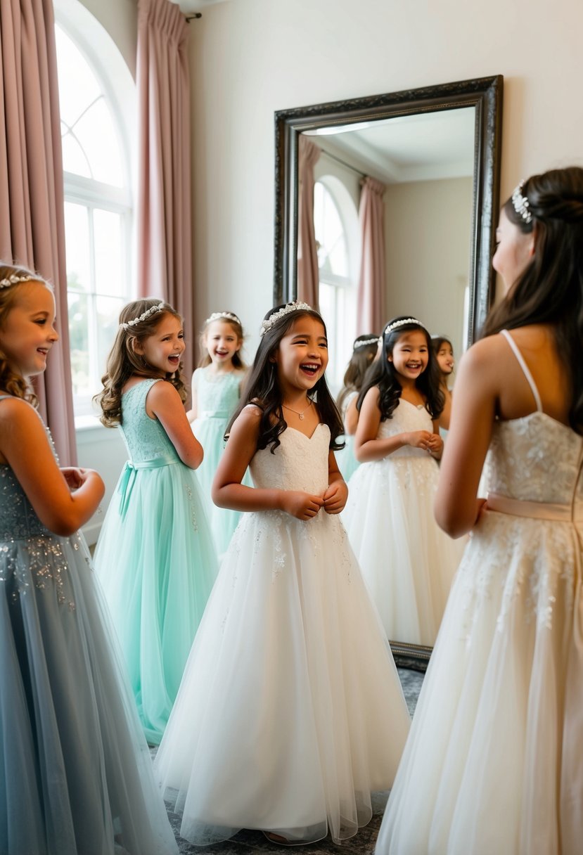 A group of kids aged 13 try on various wedding dresses, laughing and twirling in front of a full-length mirror