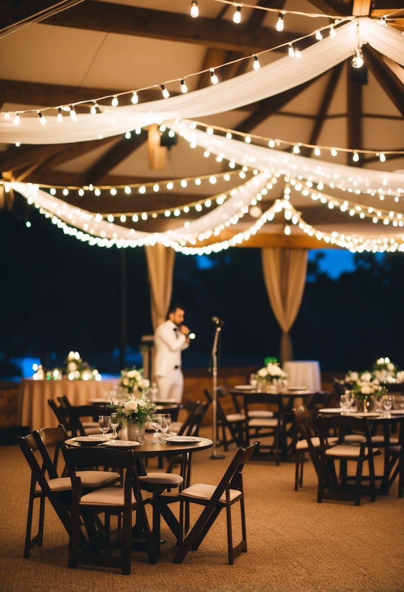 A cozy wedding venue with twinkling lights, a stage with a microphone, and small round tables for guests to gather around for a karaoke night celebration