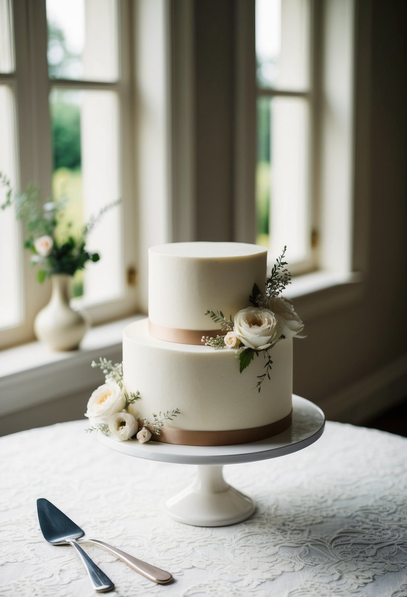 A simple, elegant one-tiered wedding cake with delicate floral decorations on a table adorned with a lace tablecloth