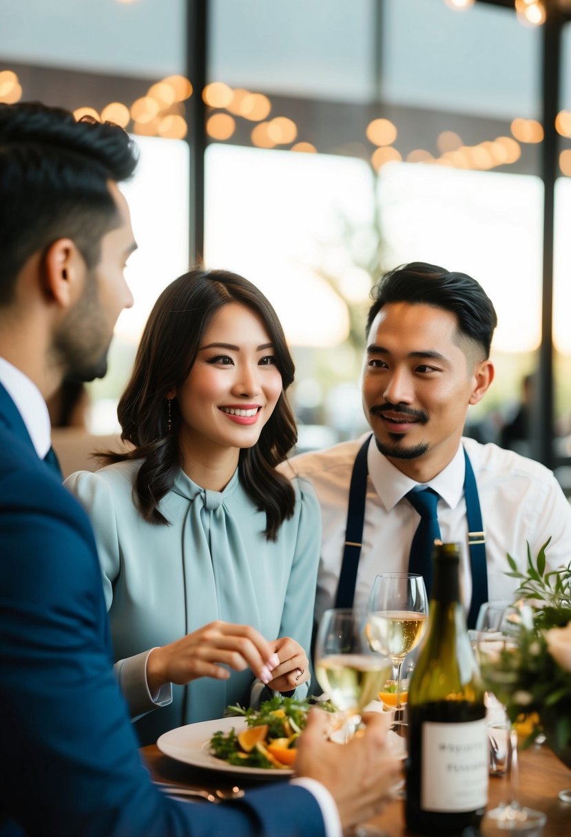 A couple and a restaurant manager discussing wedding dinner details