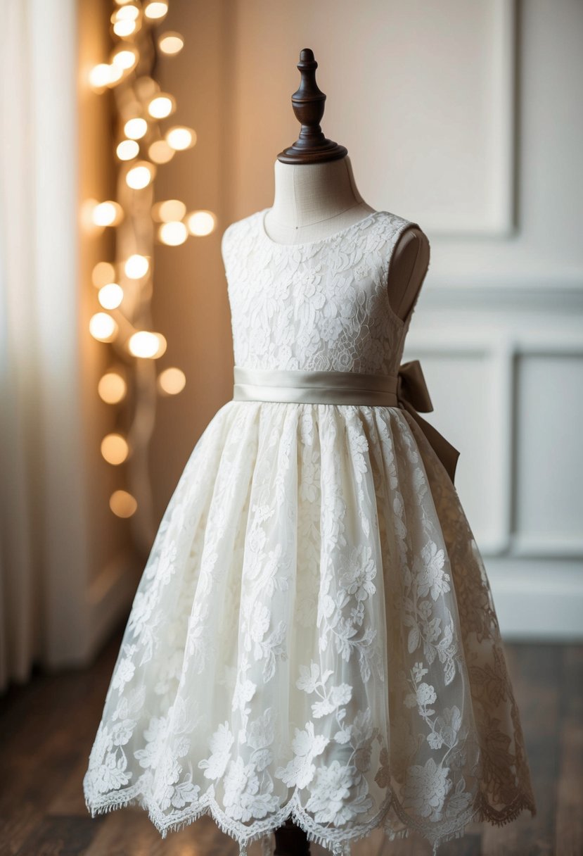 A delicate floral lace dress with a full skirt and ribbon sash, perfect for a young flower girl at a wedding