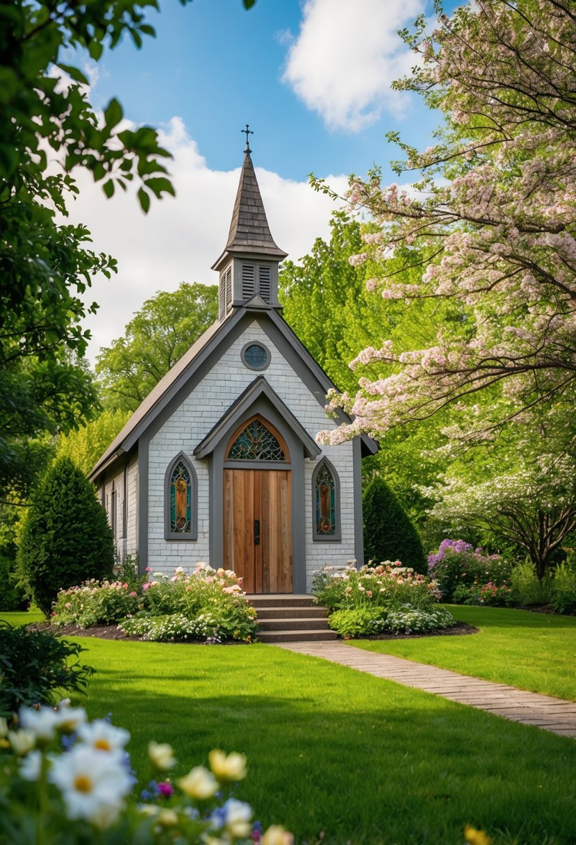 A quaint chapel nestled in a serene garden, with a rustic wooden door and stained glass windows, surrounded by blooming flowers and lush greenery