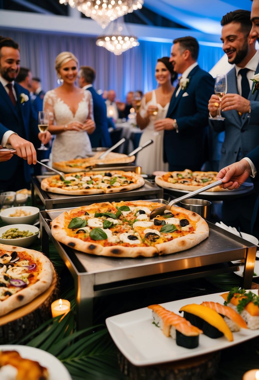 A bustling wedding dinner with a wood-fired pizza station and a sushi bar, surrounded by happy guests enjoying the delicious food