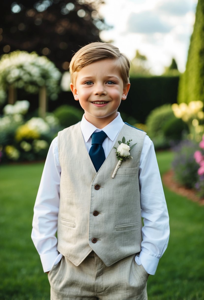 A young boy wearing a linen suit and vest, standing in a garden at a wedding