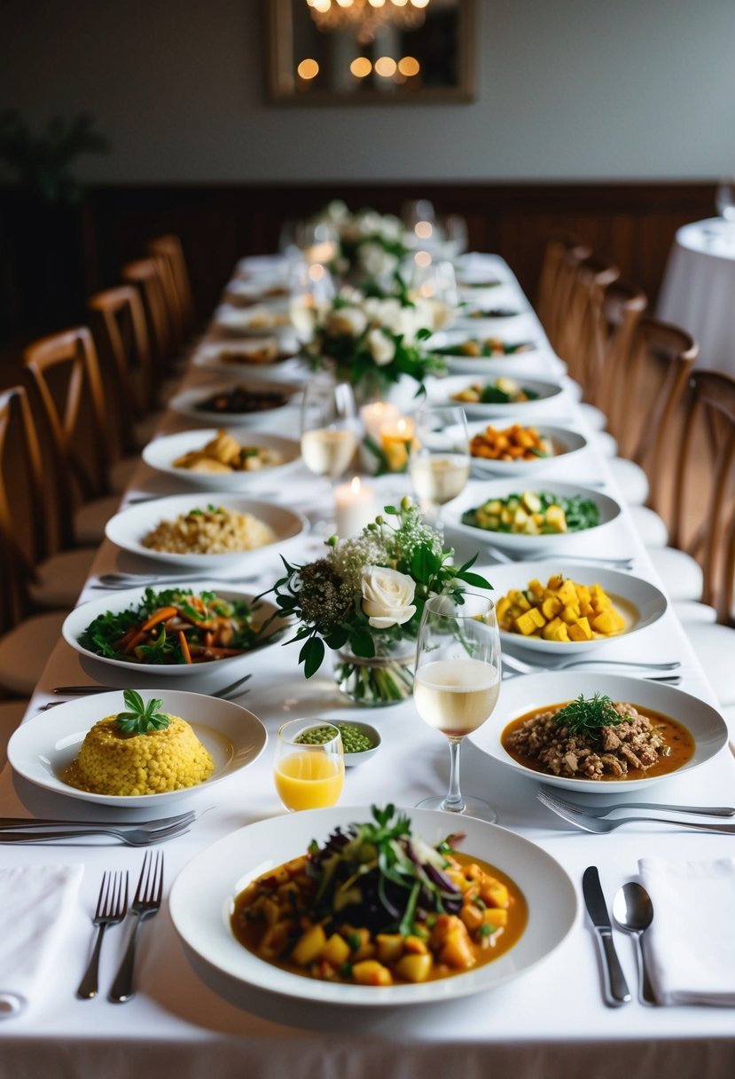 A beautifully set table with a variety of dishes, including vegan, gluten-free, and nut-free options, elegantly presented for a wedding dinner