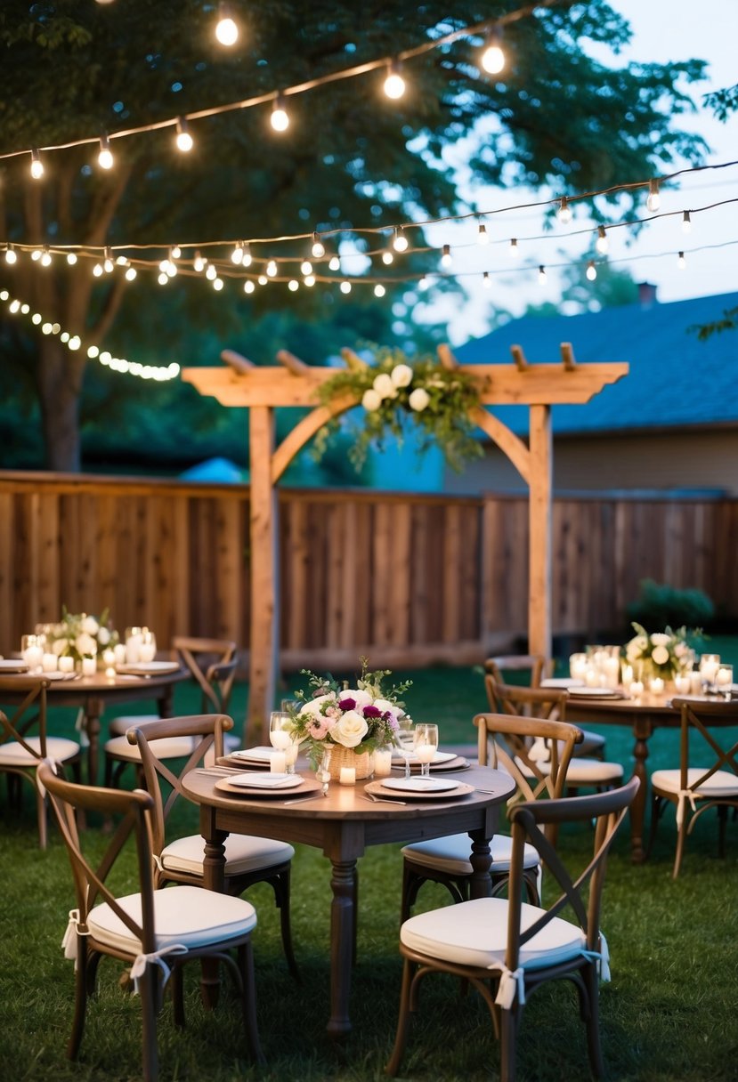 A cozy backyard with string lights, a rustic wooden arch, and small round tables set with floral centerpieces and twinkling candles for an intimate wedding celebration