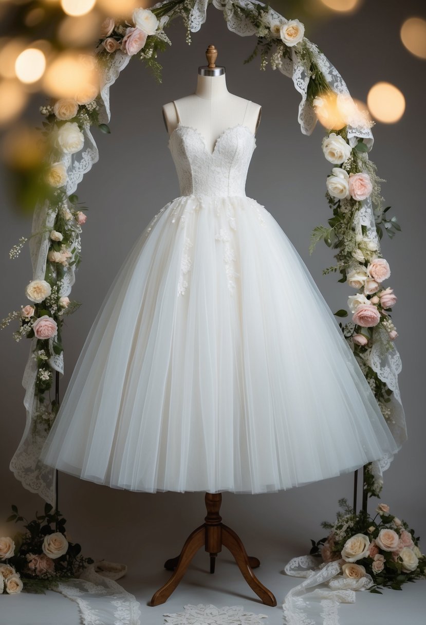 A vintage tulle wedding dress displayed on a mannequin, surrounded by delicate lace and floral accents