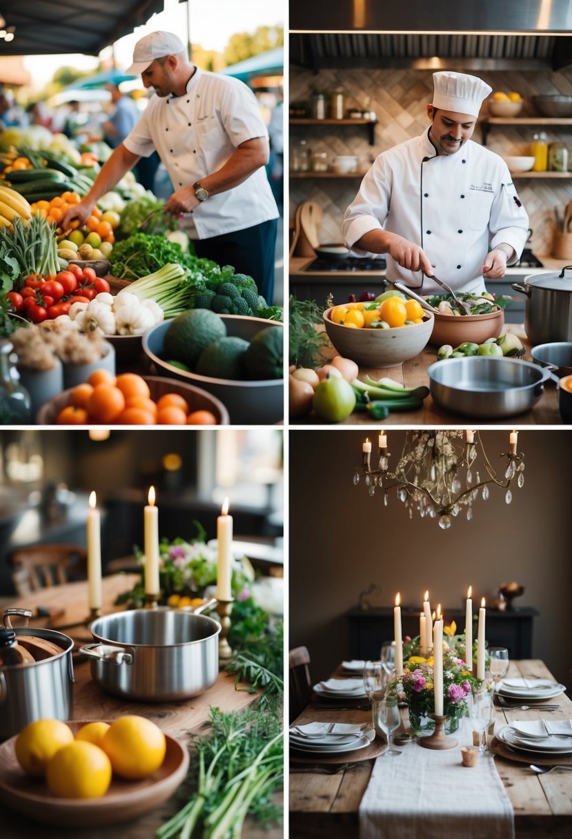 Local farmers market with fresh produce; a chef selecting ingredients; a rustic kitchen with pots and pans; a beautifully set dining table with candles and flowers