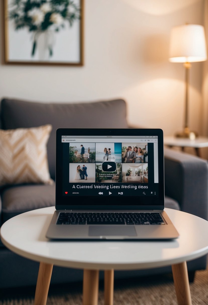 A cozy living room with soft lighting, a small table set for two, and a laptop playing a curated video playlist of wedding ideas