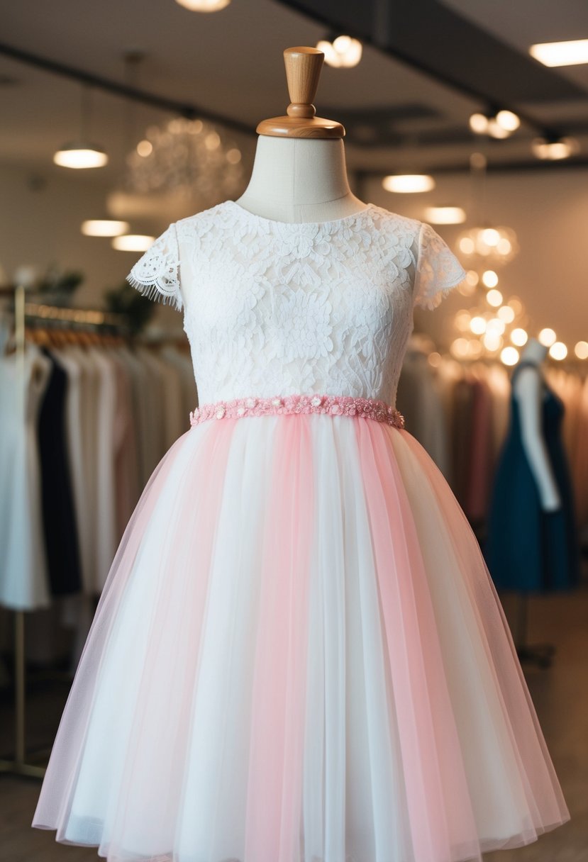 A white lace and pink tulle dress displayed on a mannequin