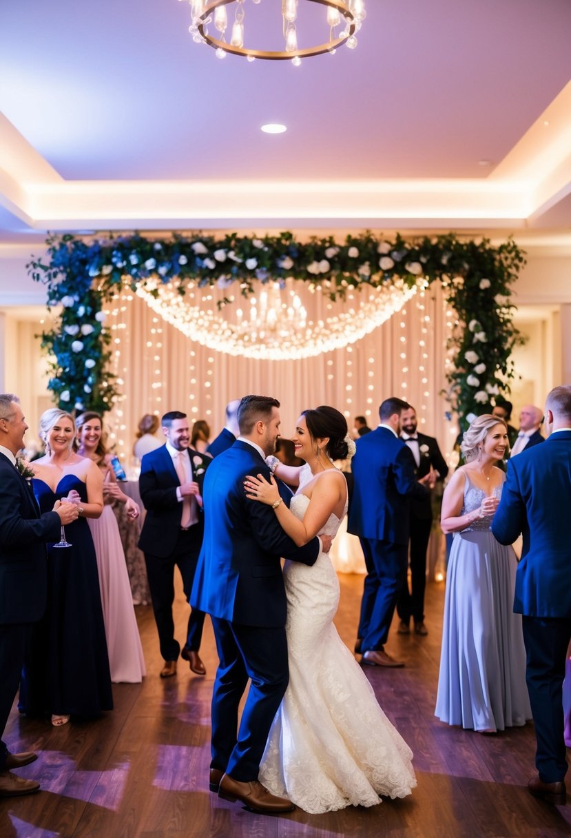 Guests move from ceremony to dance floor, mingling and celebrating in an intimate setting adorned with twinkling lights and elegant decor