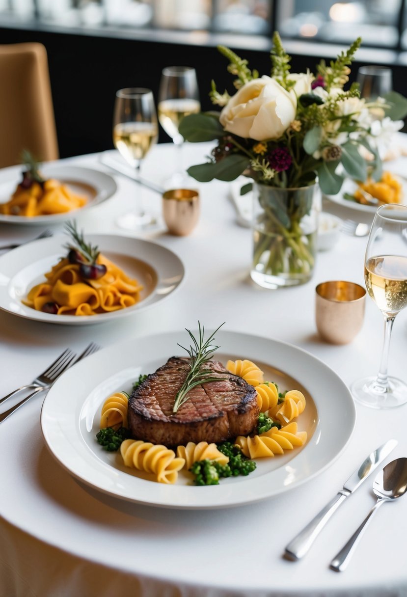 A beautifully set table with elegant dinnerware and upgraded versions of traditional wedding dishes, such as a modern twist on a classic steak or a gourmet take on a traditional pasta dish