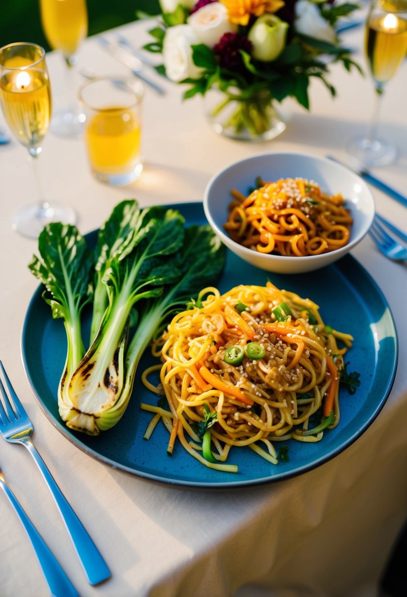 Grilled bok choy arranged next to a vibrant spicy sesame noodle salad on a wedding dinner table