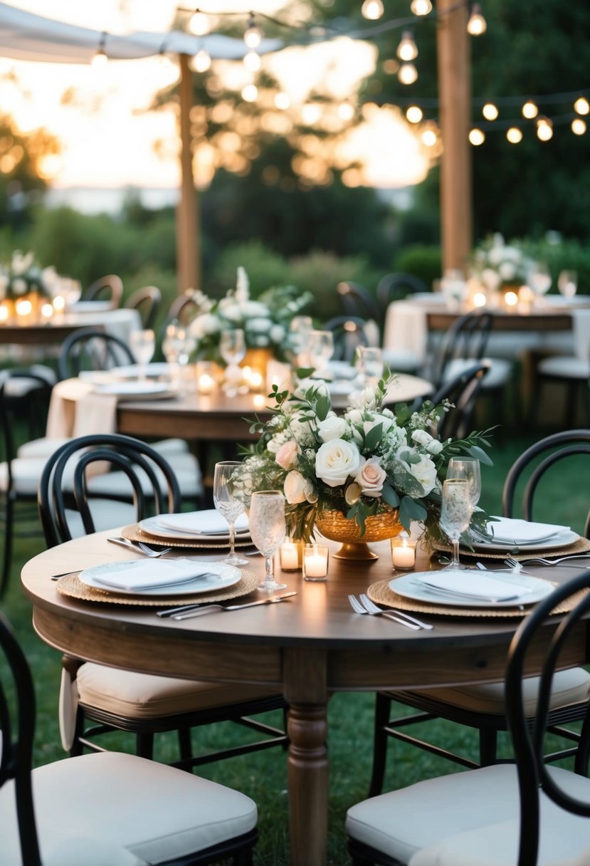 A cozy outdoor wedding setup with two elegantly decorated tables, adorned with floral centerpieces and ambient lighting for an intimate celebration