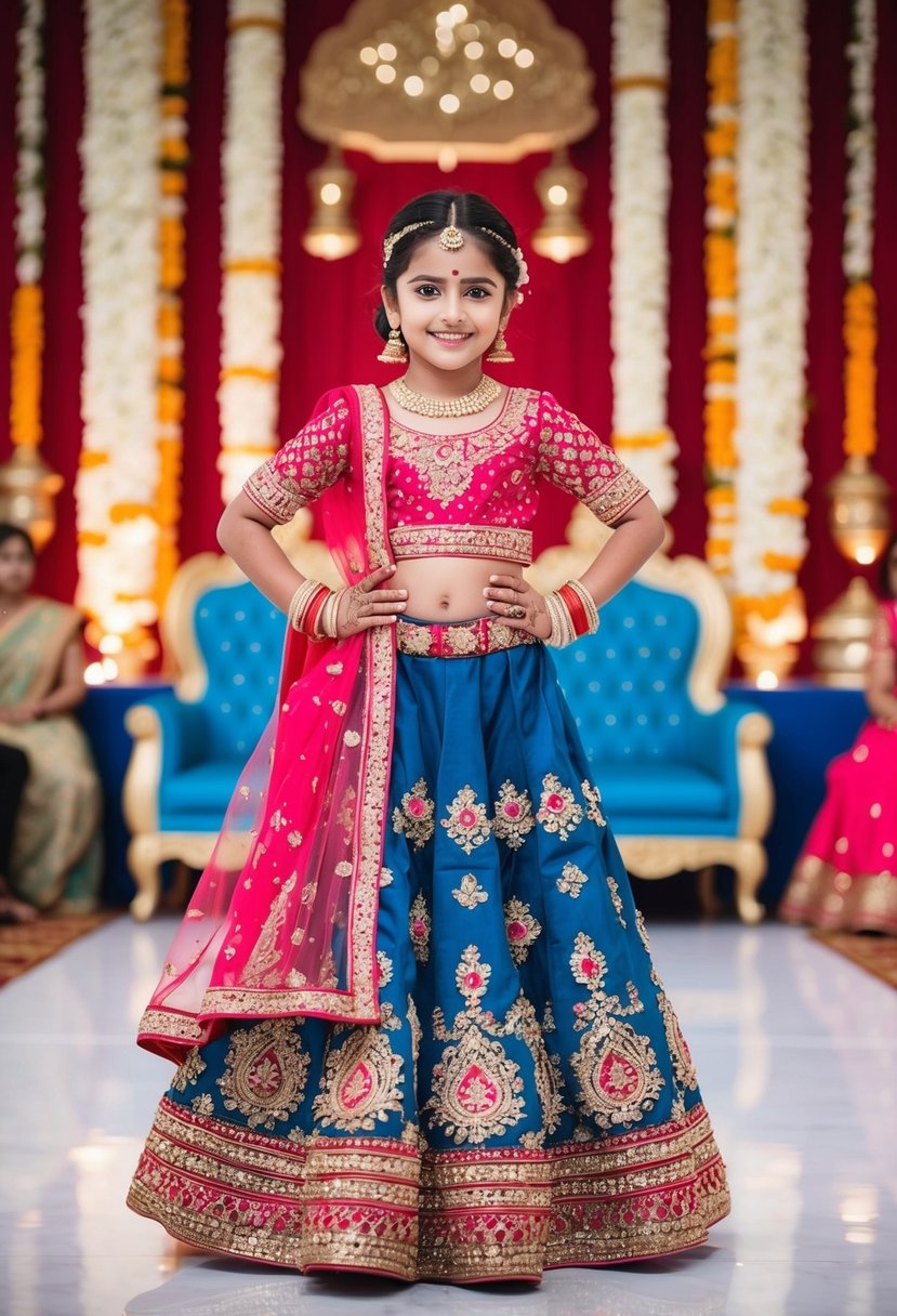 A young girl in a vibrant Indo-Western Kids Lehenga, adorned with intricate embroidery and embellishments, standing in front of a traditional Indian wedding backdrop