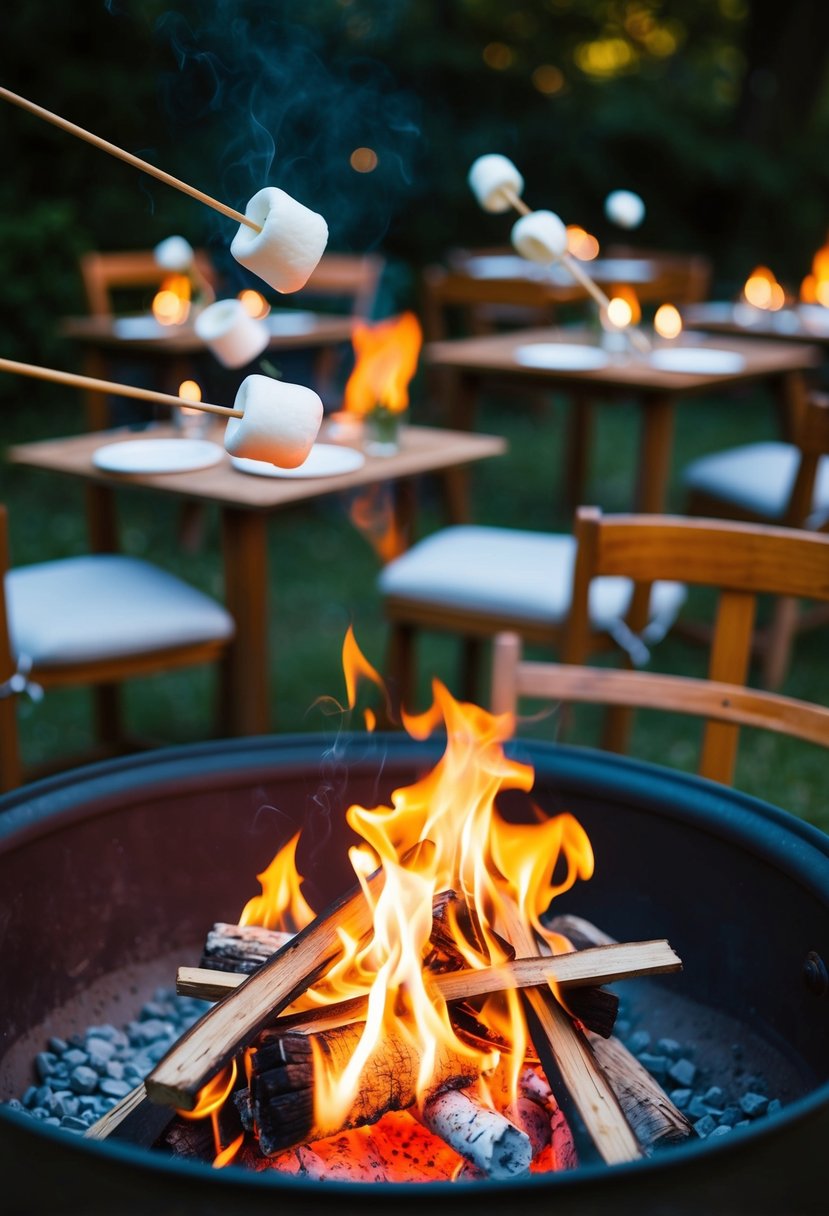 A cozy campfire with skewered marshmallows roasting over the flames, surrounded by small tables and chairs for an intimate wedding celebration