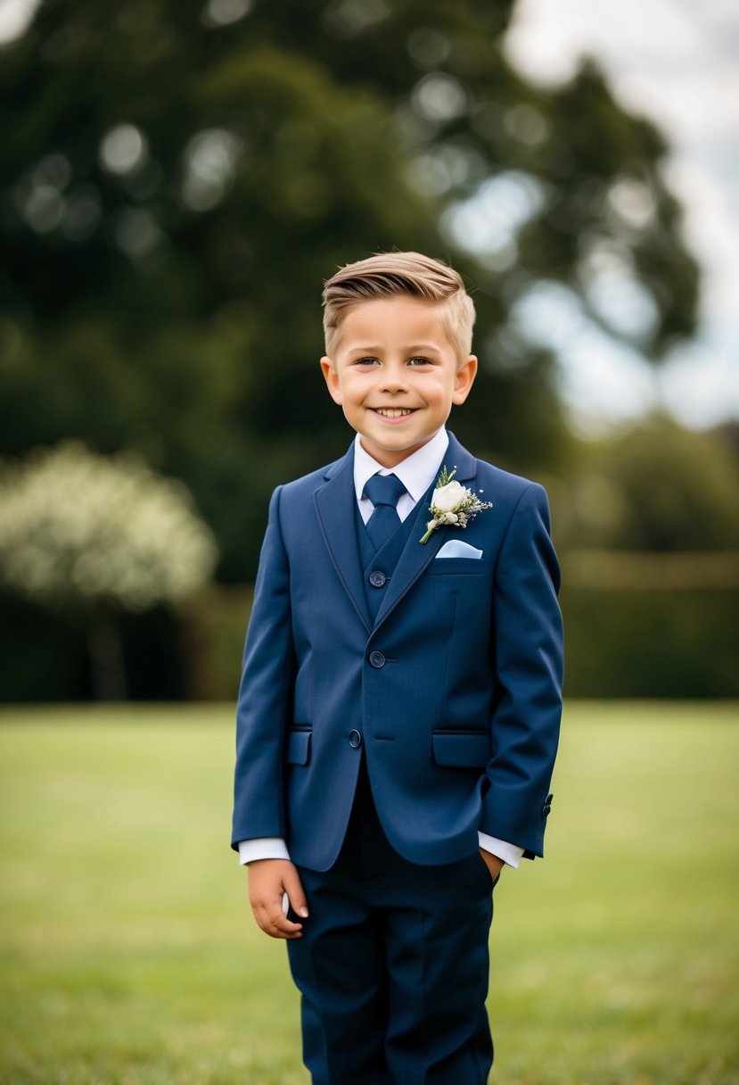 A young boy in a navy two-piece suit with a matching tie, standing confidently with a big smile, ready for a wedding