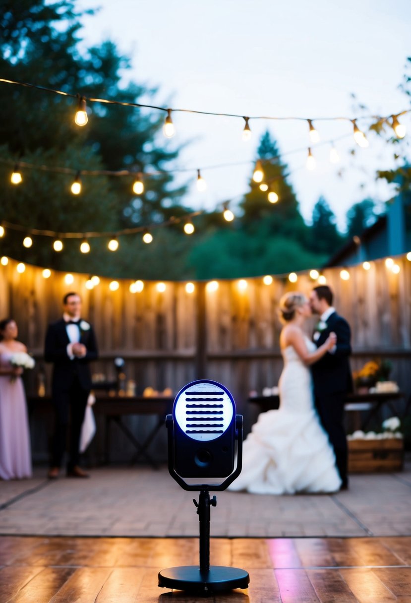 A cozy backyard wedding with fairy lights, a small dance floor, and a custom playlist of favorite songs playing in the background