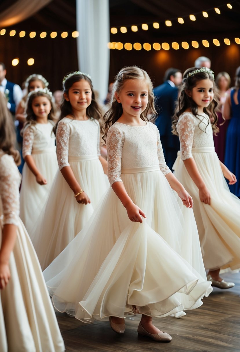 A group of young girls in 3/4 sleeve floor-length dresses, twirling and dancing at a wedding