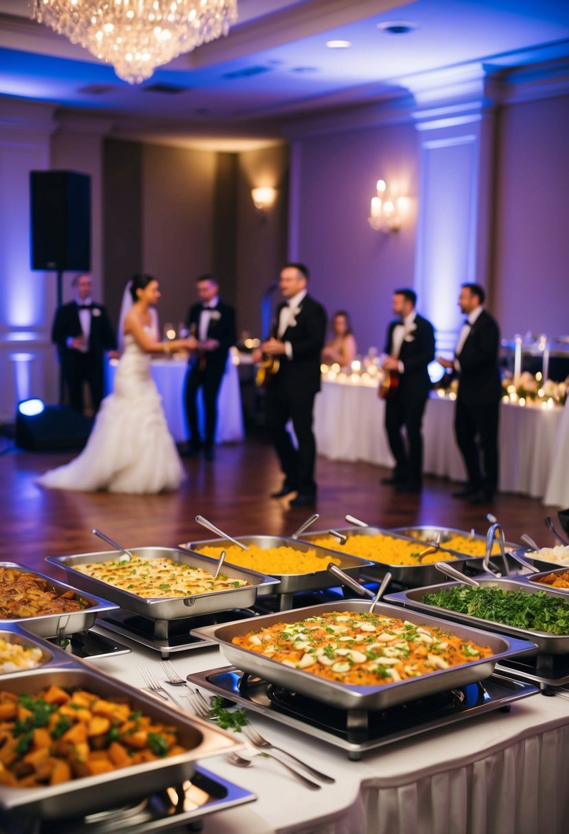 A lively wedding reception with a dance floor, a live band, and a buffet of delicious food