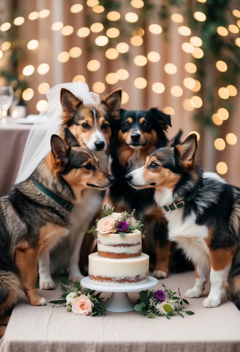 Furry friends gather around a small wedding setup with flowers and a cake, creating a cozy and intimate atmosphere