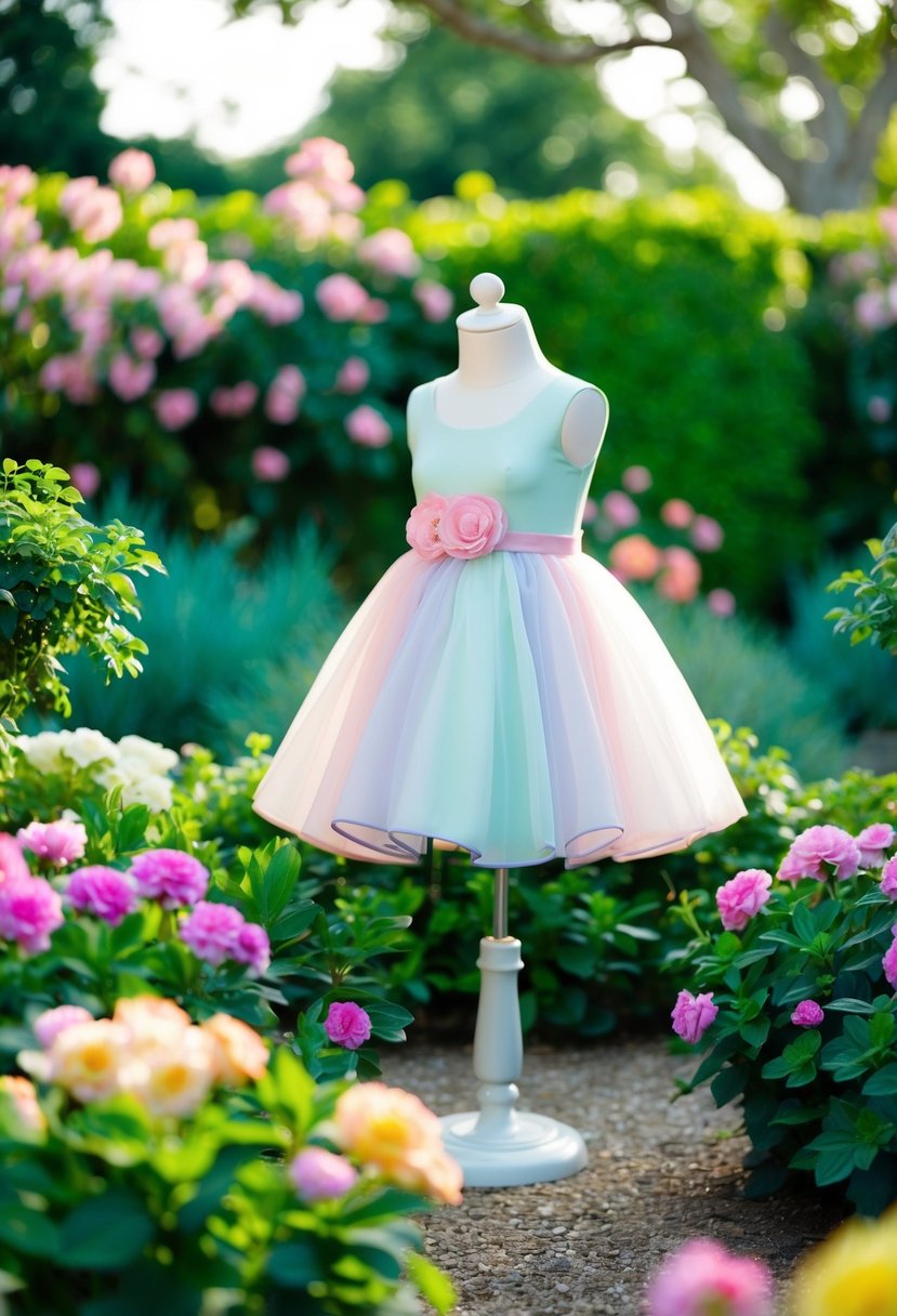 A lush garden setting with blooming flowers and a whimsical pastel-colored dress displayed on a mannequin