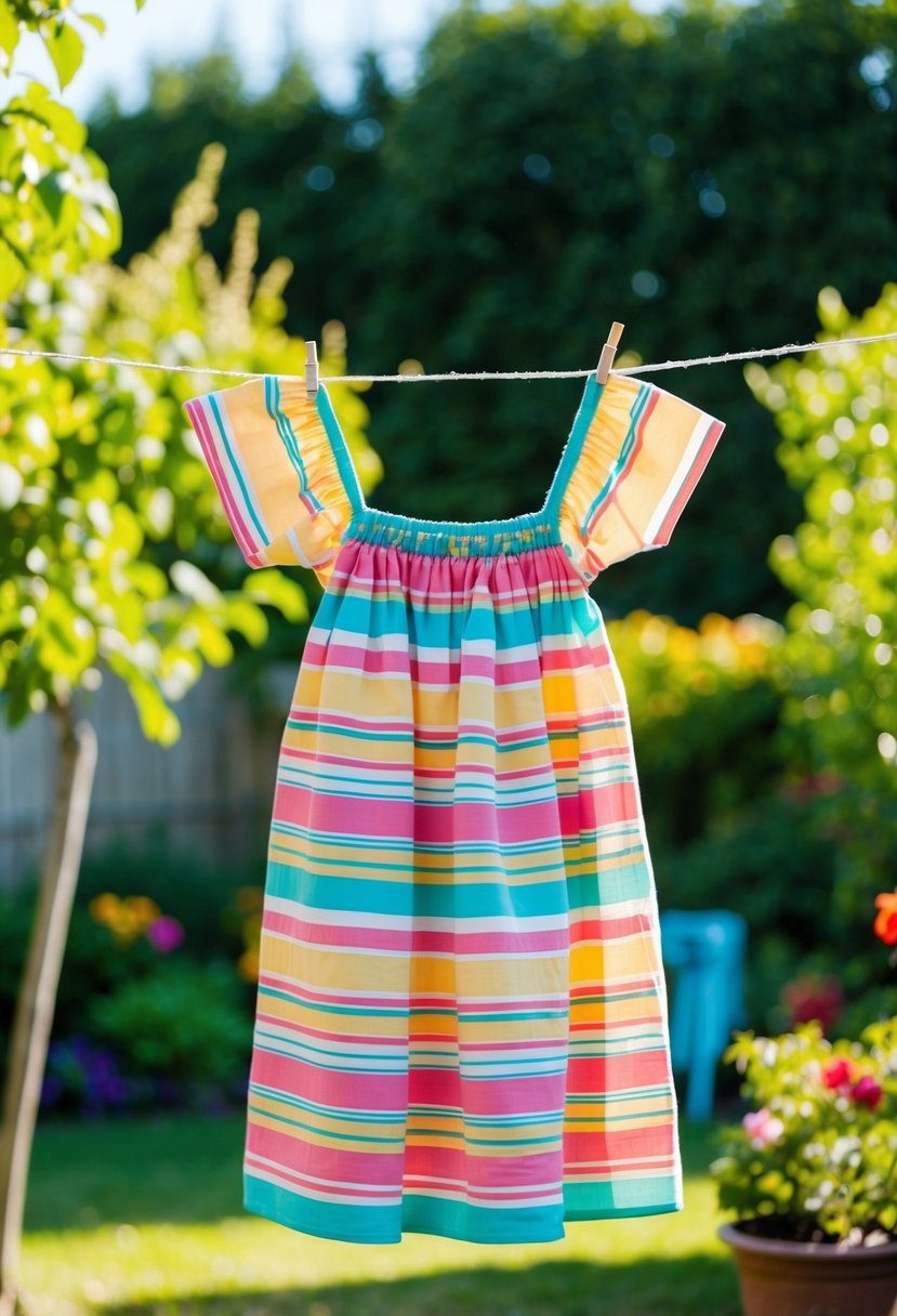 A colorful cotton sundress hanging on a clothesline in a sunny garden